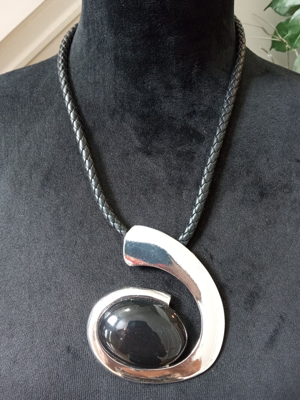 Silver Tone Abstract Swirl Pendant Necklace Black Cord Modern Statement Jewelry